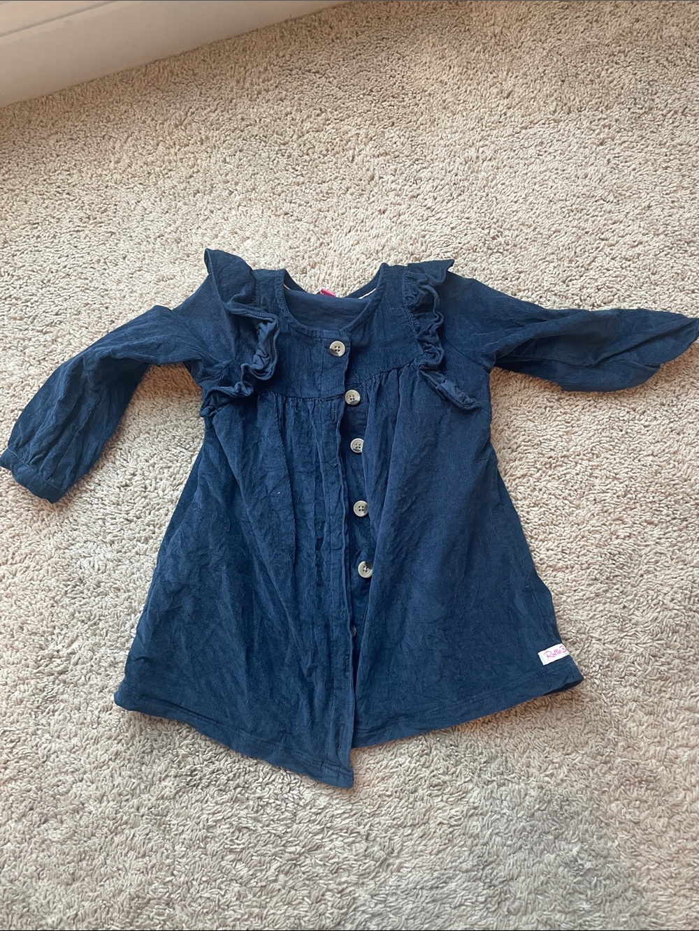 Ruffle Butts Navy Blue Ruffle-Shoulder Button Front Dress-Corduroy